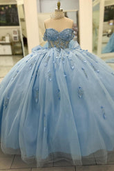 Ball Gown Off Shoulder Sleeveless Beaded 3D Flowers Appliques Bow Knote Tiered Sparkly Baby Blue Tulle Quinceanera Dress Formal Evening Gown Birthday Dress For Sweet 16